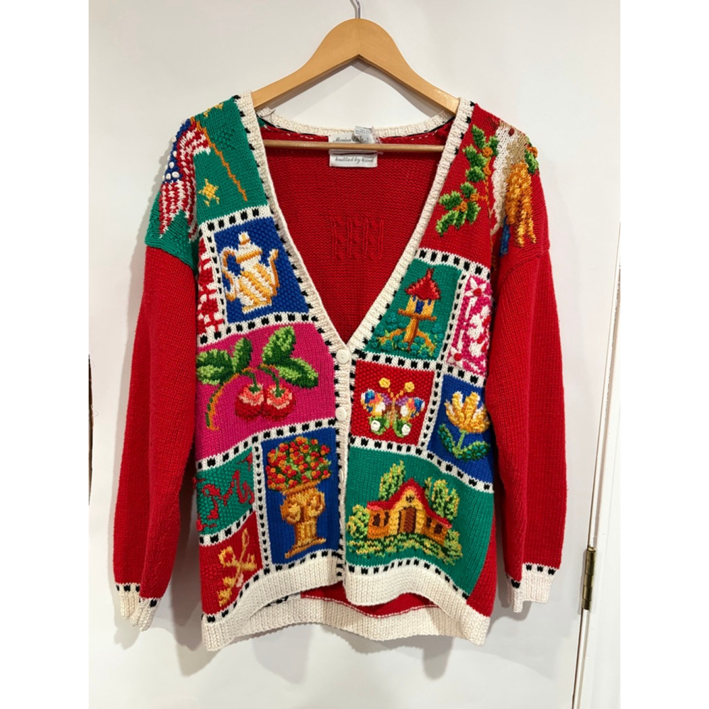 Vintage Marisa Christina Hand Knit Storybook Cottage Patchwork Cardigan Folk Art